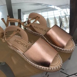 Rose gold open toe espadrilles